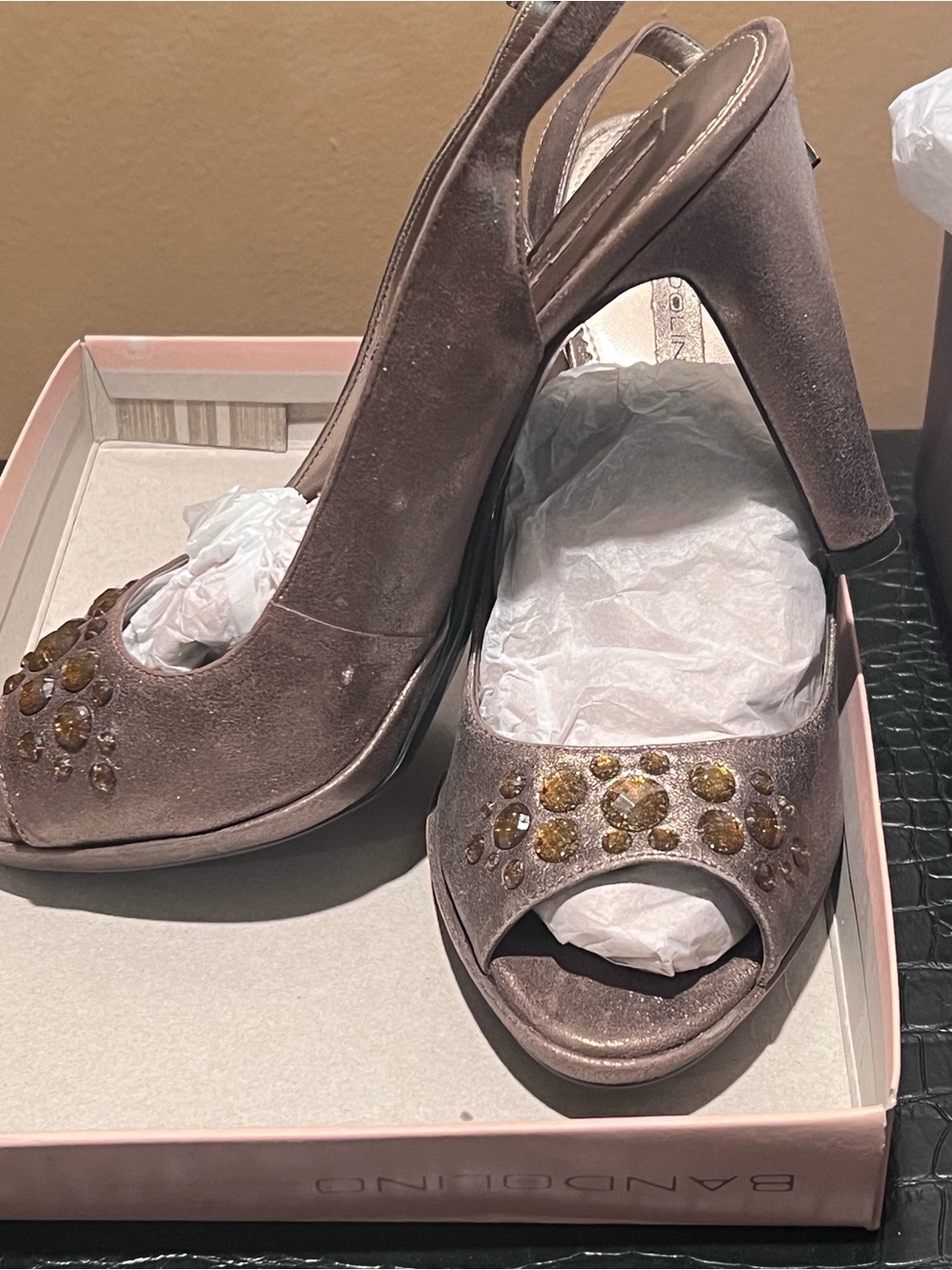 Bandolino Taupe Velvet Slingback Peep-Toe Heels with Amber Gem Accents